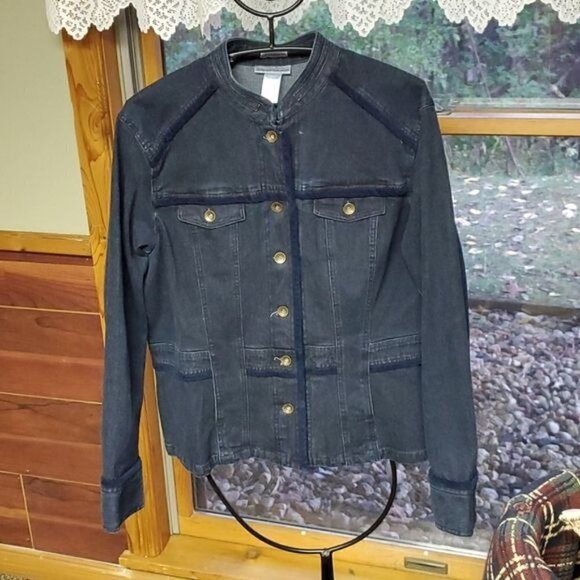 Jones New York Sport Stretch Blue Velvet Button Blue Jean Sz XL Jacket w Pocket - Picture 2 of 9
